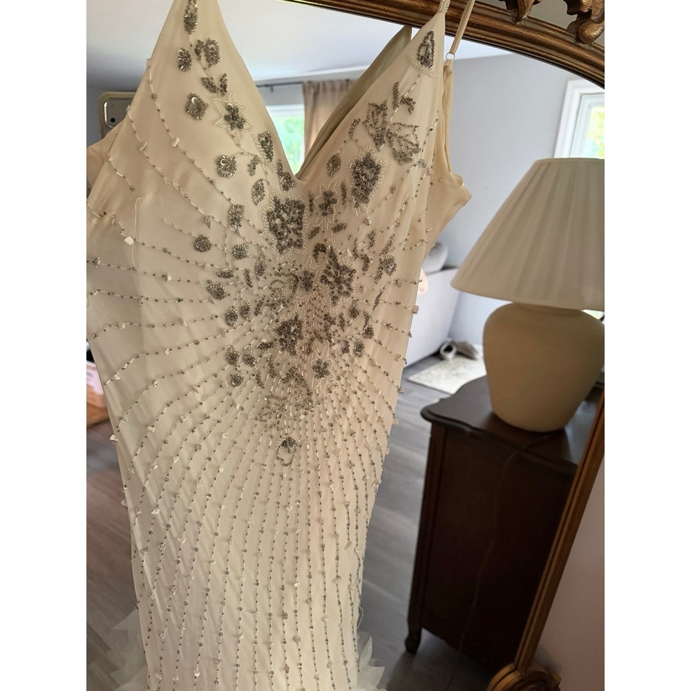 Vintage Sue Wong Silk Beaded Bridal Gown White Sunburst Beaded Silver Appliqué - Picture 6 of 10